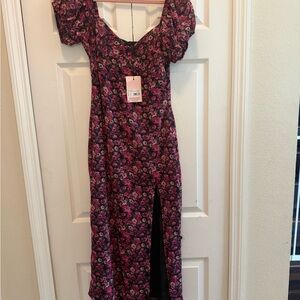 Missguided Pink Floral Midi Dress with Side Slit